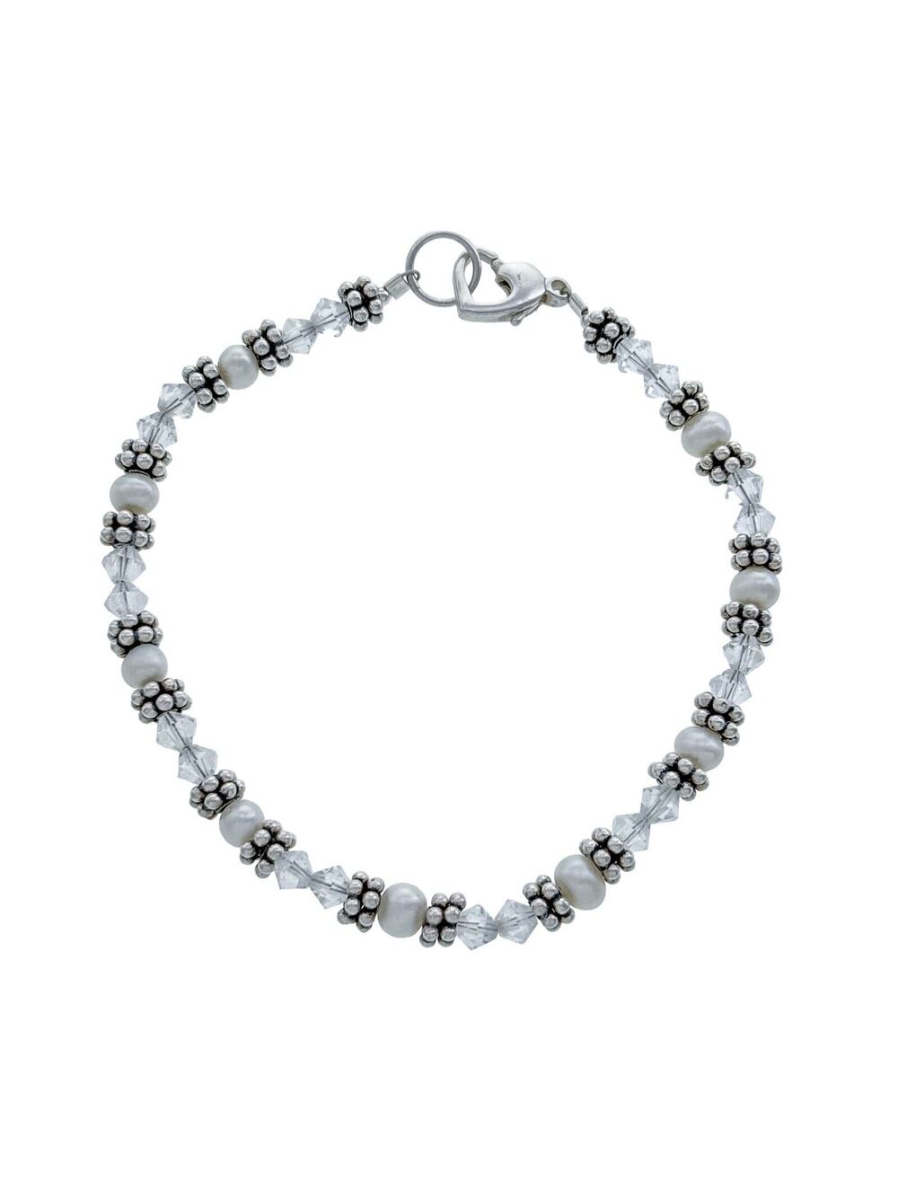Vintage Sterling Silver 925 Crystal Pearl Beaded Bracelet 7.25"